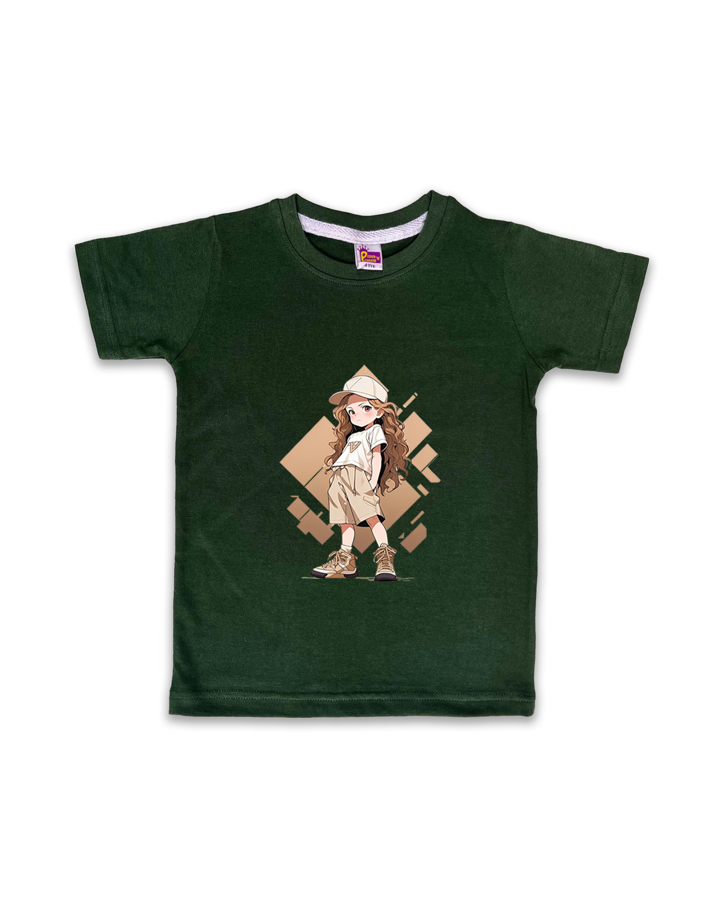 Kids’ Printed Half Sleeve Tees – Dark Green Tees for Girls FTS073