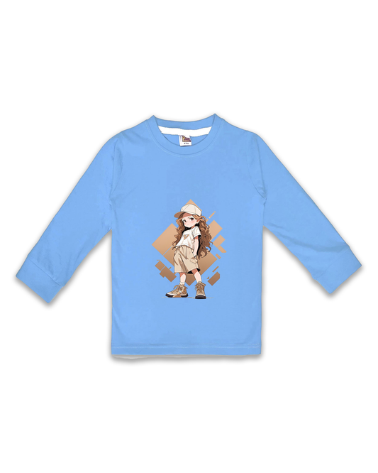 Kids’ Printed Full Sleeve Tees – Ice Blue Tees for Girls FTS0171