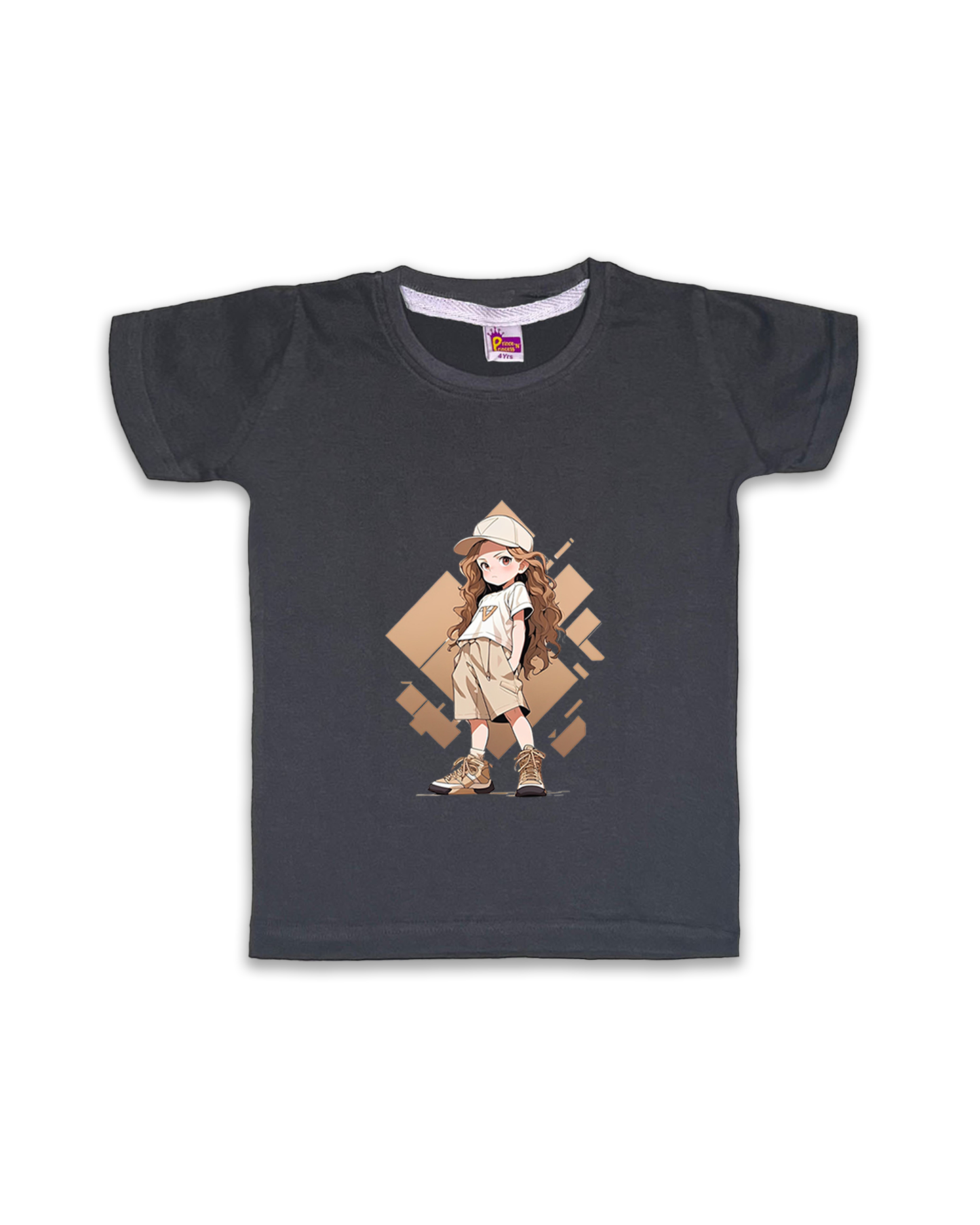 Kids’ Printed Half Sleeve Tees – Dark Grey Tees for Girls FTS070