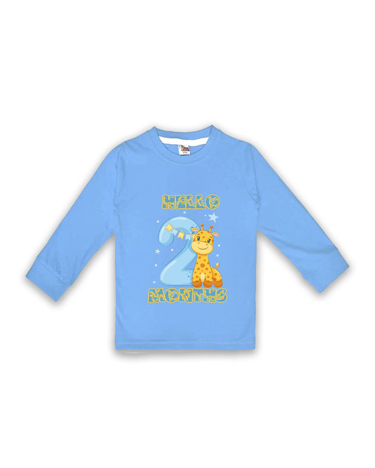 Newborn Ice Blue Full Sleeve "Hello 2 Months" Milestone Tees – Soft Cotton | Cute Giraffe Design | Milestone Outfit NPT015