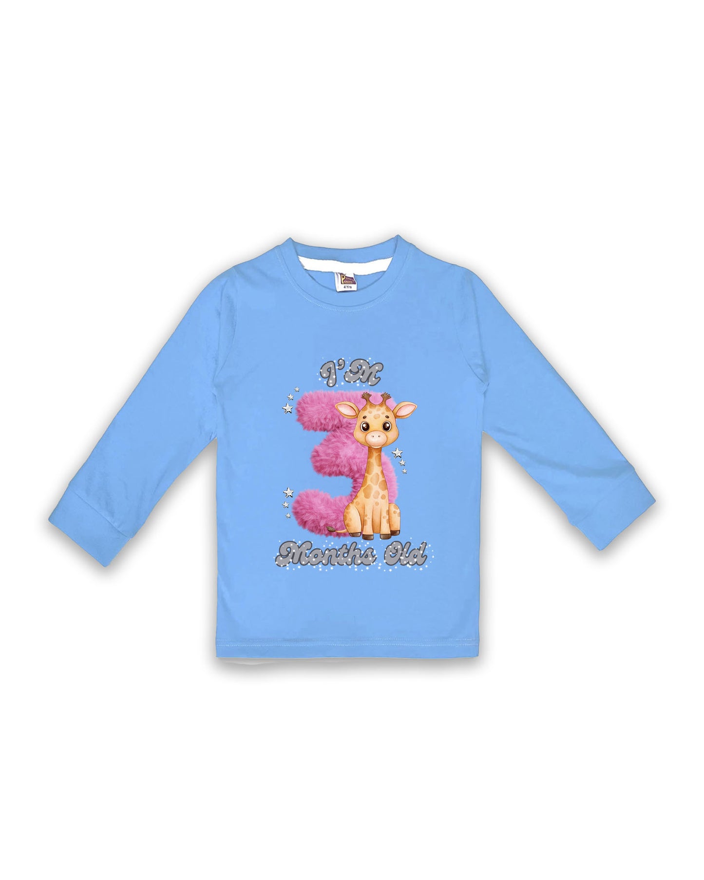 Newborn Ice Blue Full Sleeve "I’m 3 Months Old" Milestone Tees – Soft Cotton | Pink 3 with Giraffe Print | Milestone Outfit NPT026