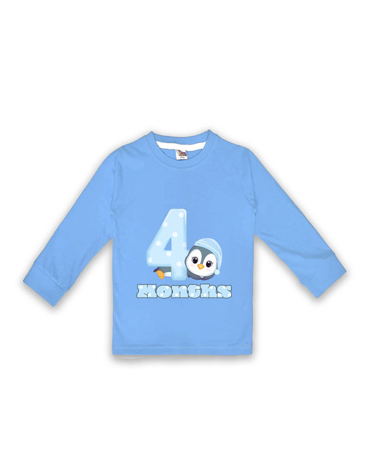 Newborn Full-Sleeve Ice Blue Tees - 4 Months Milestone Tees with Adorable Penguin Design - Soft Cotton Baby Tees NPT0217