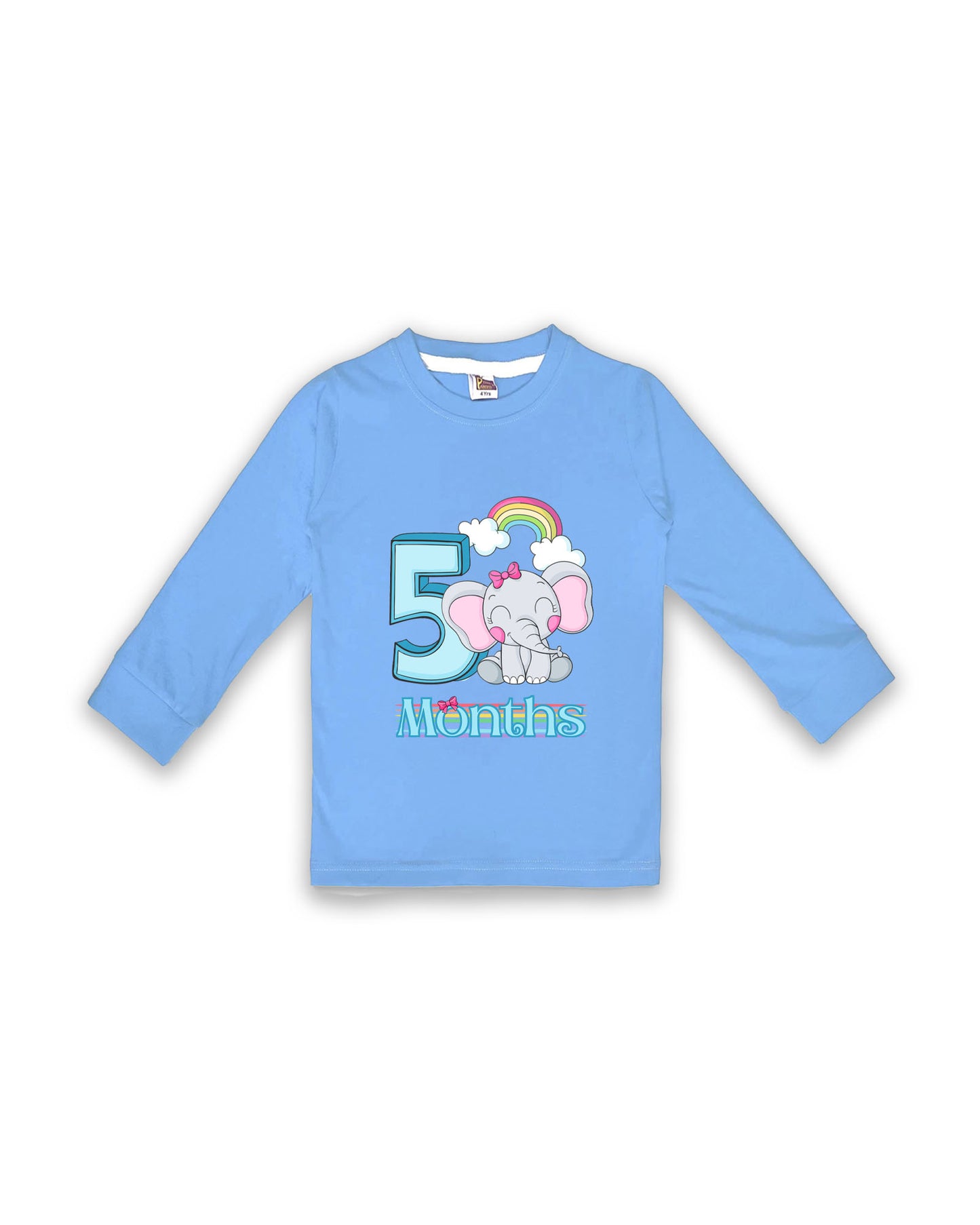 Newborn Full-Sleeve Ice Blue Tees - 5 Months Milestone Tees with Adorable Elephant & Rainbow Design - Soft Cotton Baby Tees NPT0229