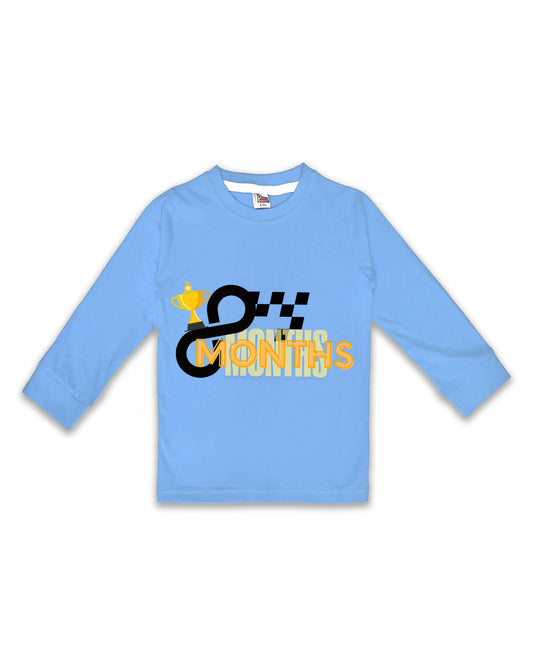 Newborn Full-Sleeve Ice Blue Tees - 8 Months Milestone Tees with Racing Trophy & Checkered Flag Design - Soft Cotton Baby Tees NPT0259