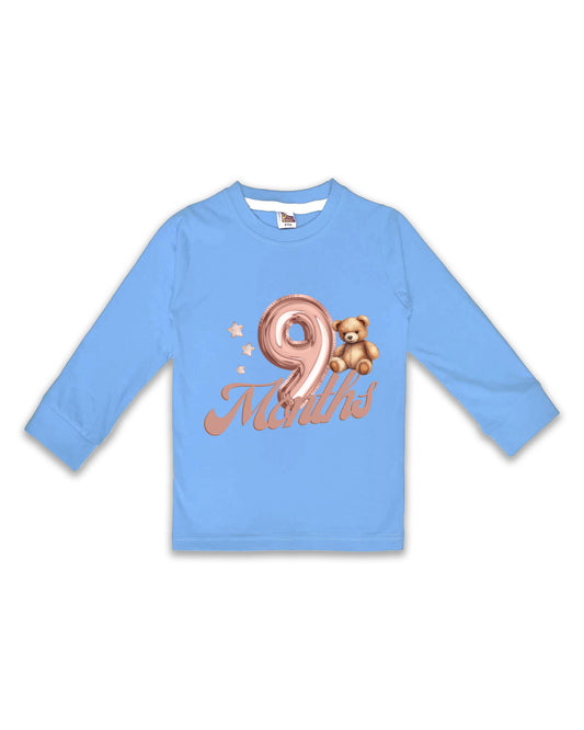 Newborn Full-Sleeve Ice Blue Tees - 9 Months Milestone Tees with Balloon Number & Teddy Bear Design - Soft Cotton Baby Tees NPT0269