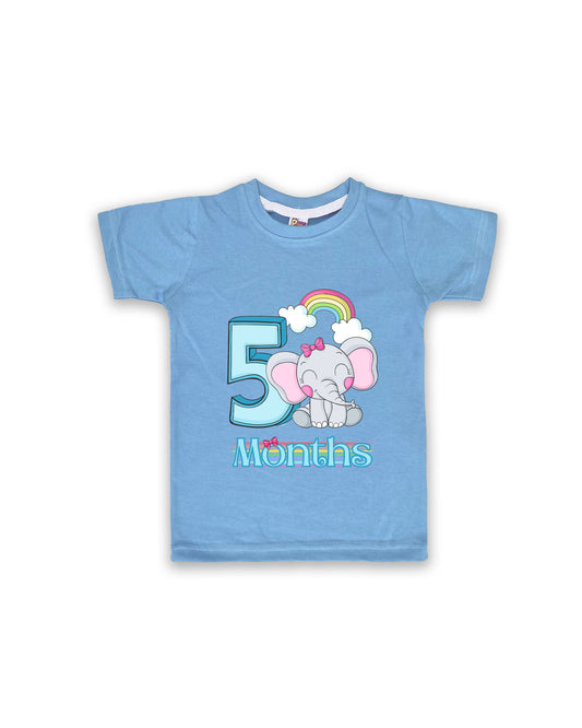 Newborn Half-Sleeve Ice Blue Tees - 5 Months Milestone Tees with Adorable Elephant & Rainbow Design - Soft Cotton Baby tees NPT0165