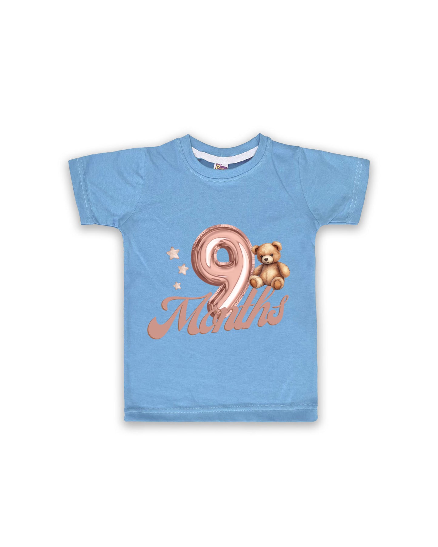 Newborn Half-Sleeve Ice Blue Tees - 9 Months Milestone Tees with Balloon Number & Teddy Bear Design - Soft Cotton Baby Tees NPT0205