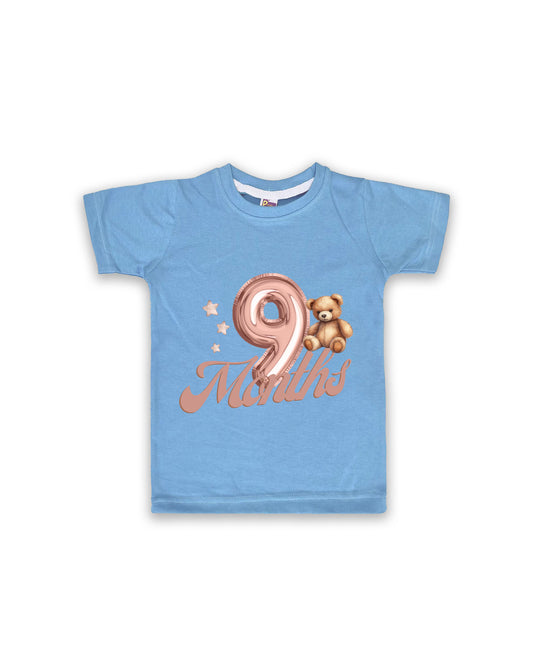 Newborn Half-Sleeve Ice Blue Tees - 9 Months Milestone Tees with Balloon Number & Teddy Bear Design - Soft Cotton Baby Tees NPT0205