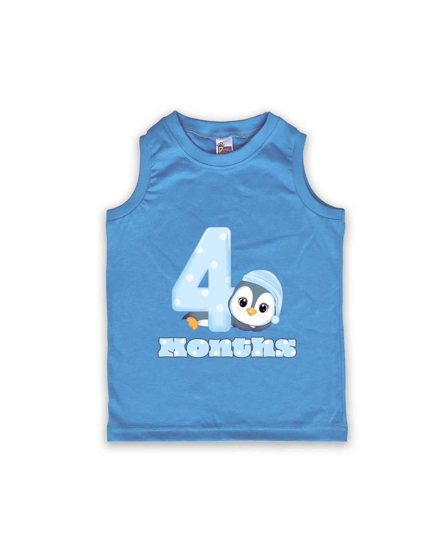 Newborn Sleeveless Ice Blue Vest - 4 Months Milestone Tee with Cute Penguin Design - Soft Cotton Baby Vest NPT112