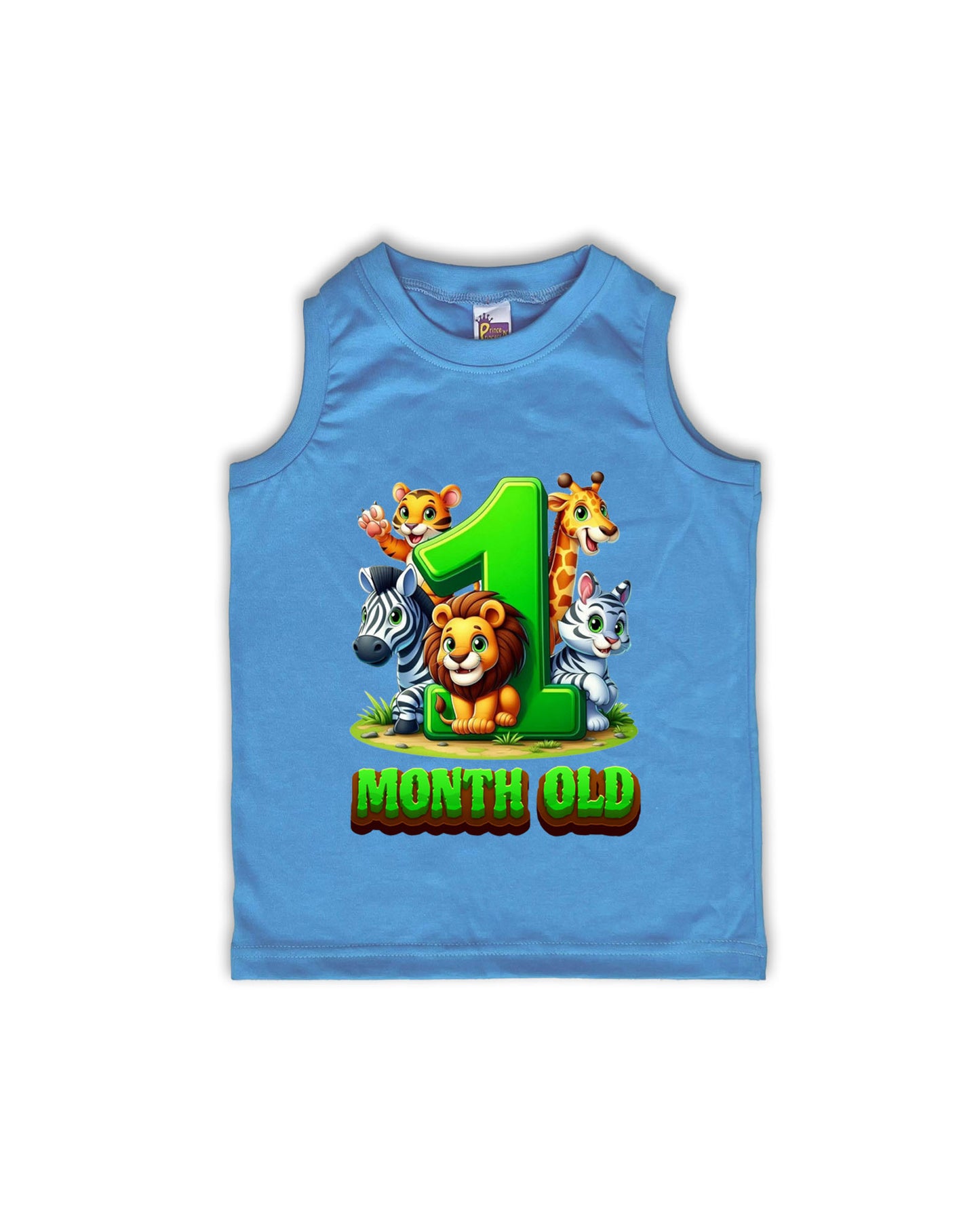 Newborn Ice Blue Sleeveless Vest "1 Month Old" – Soft Cotton | Jungle Animal Milestone Vest for Newborns | NPT076
