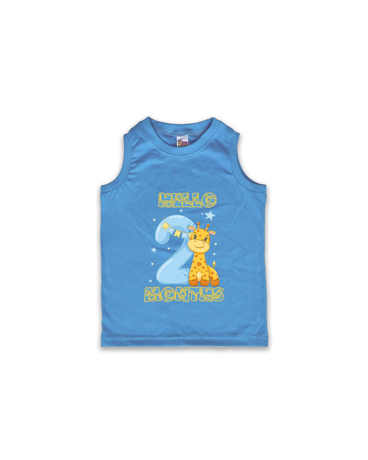Newborn Ice Blue Sleeveless Vest "Hello 2 Months" – Soft Cotton | Giraffe Print Milestone Vest for Babies | NPT084