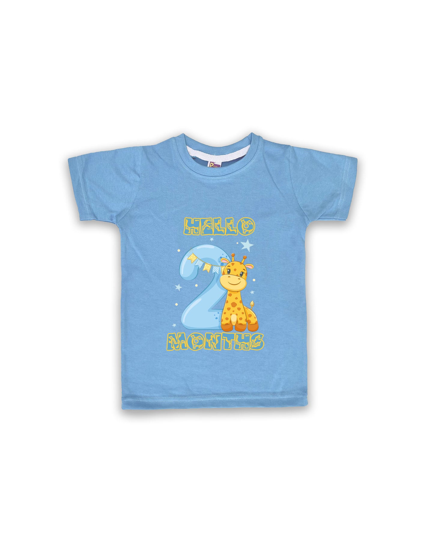 Newborn Ice Blue Tees "Hello 2 Months" – Soft Cotton | Giraffe & Stars Milestone Outfit | Short Sleeve Baby Tees NPT052
