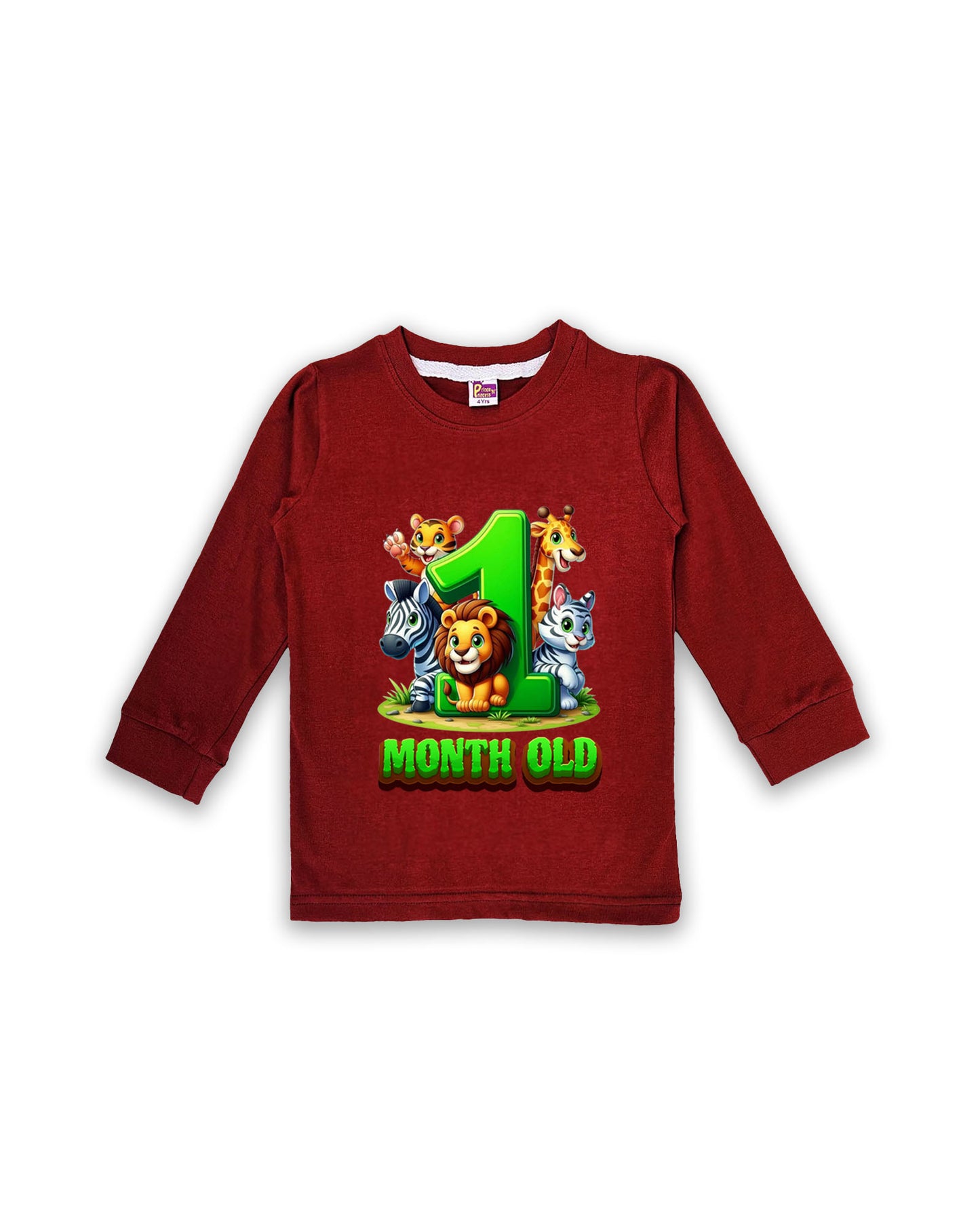 Newborn Maroon Full Sleeve "1 Month Old" Birthday Tees – Soft Cotton | Jungle Animal Print | Milestone Outfit NPT006