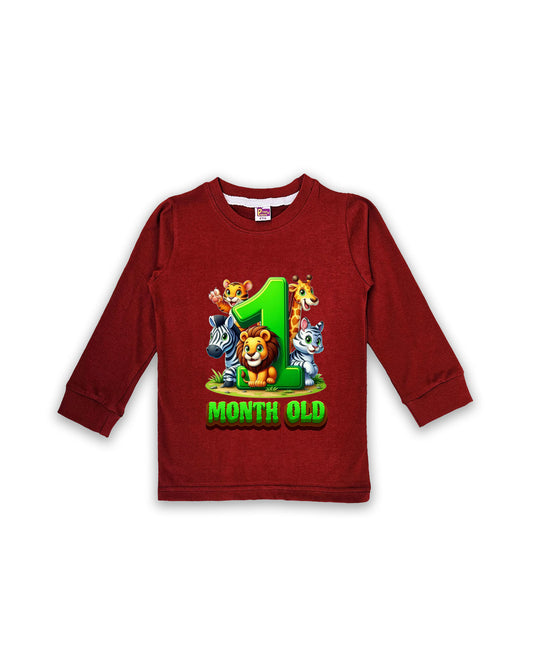 Newborn Maroon Full Sleeve "1 Month Old" Birthday Tees – Soft Cotton | Jungle Animal Print | Milestone Outfit NPT006