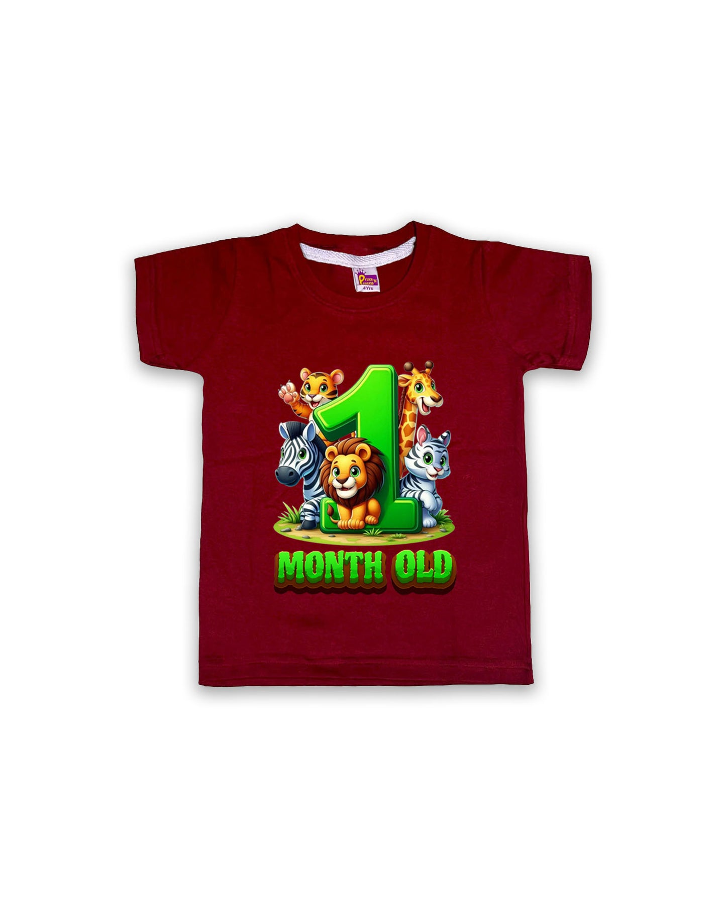 Newborn Maroon Tees "1 Month Old" – Soft Cotton | Jungle Animal Milestone Tees | Short Sleeve Monthly Outfit NPT039