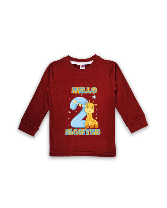 Newborn Maroon Full Sleeve "Hello 2 Months" Milestone Tees – Soft Cotton | Cute Giraffe Design | Milestone Outfit NPT020