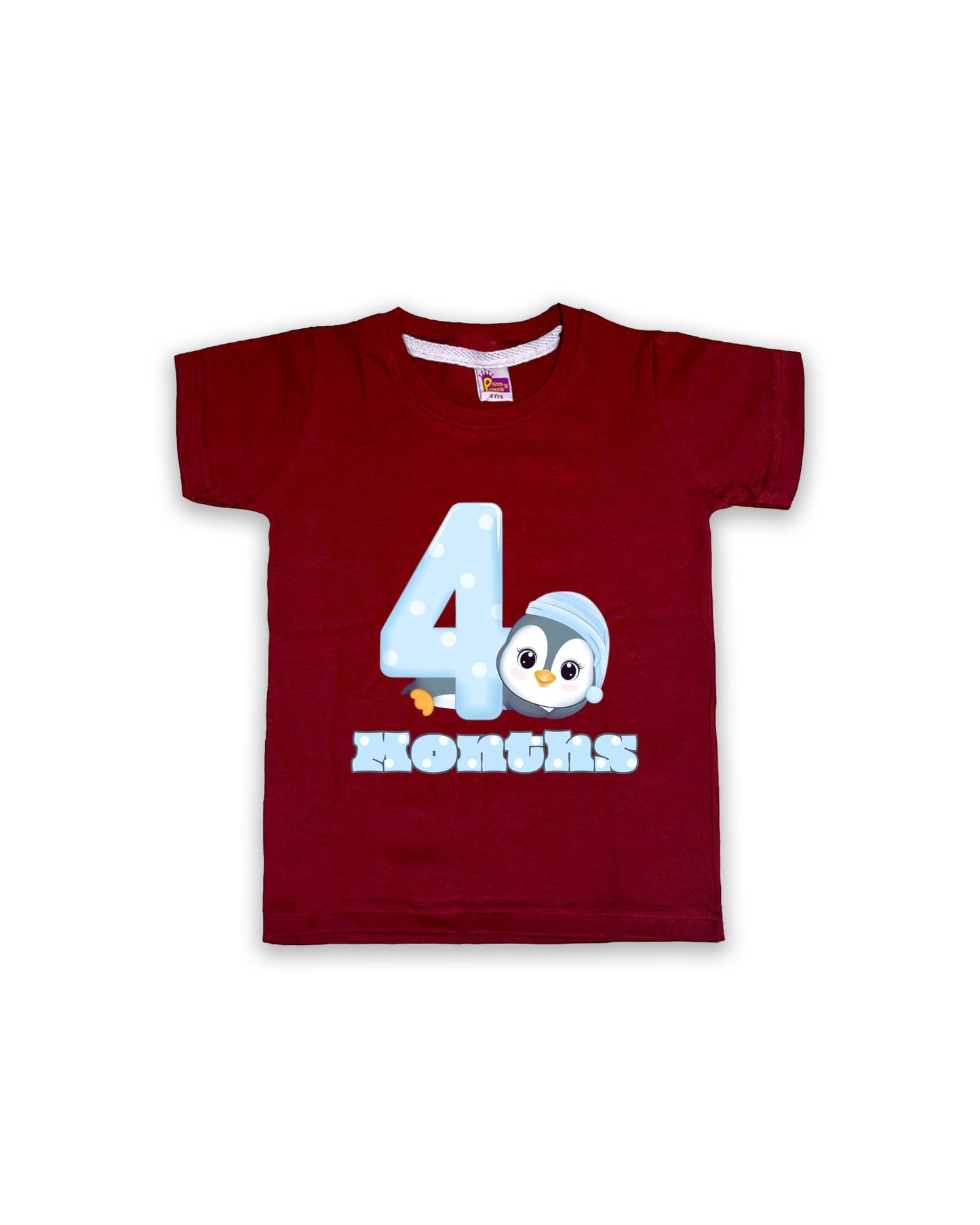 Newborn Half-Sleeve Maroon Tees - 4 Months Milestone Tees with Adorable Penguin Design - Soft Cotton Baby Vest NPT0154