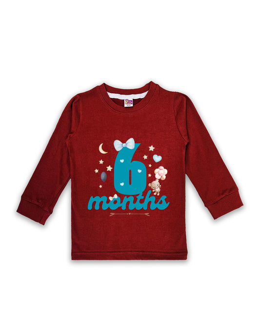 Newborn Full-Sleeve Maroon Tees - 6 Months Milestone Tees with Teddy Bear & Balloon Design - Soft Cotton Baby NPT0239