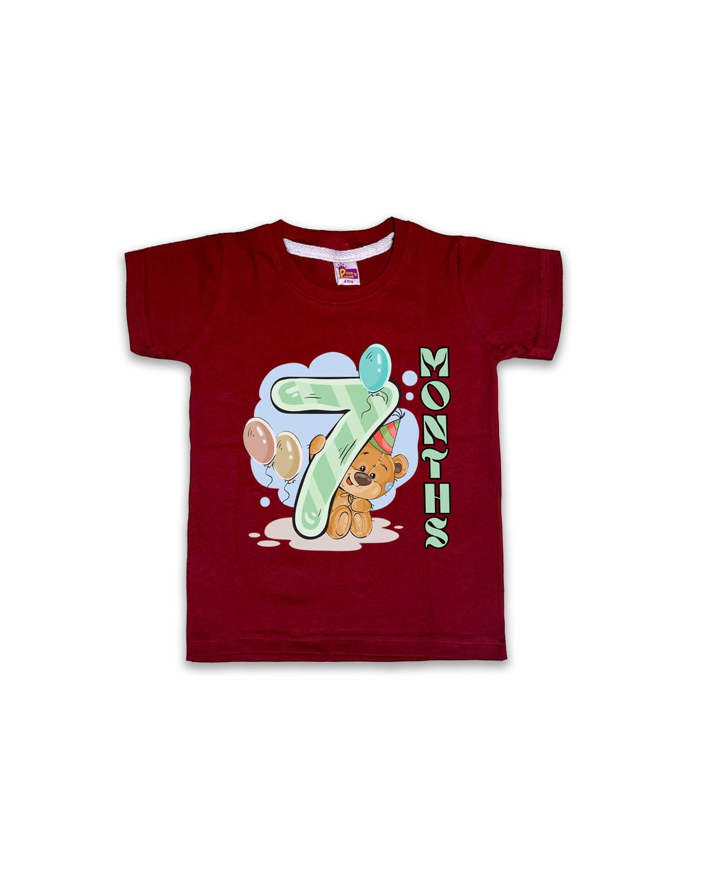 Newborn Half-Sleeve Maroon Tees - 7 Months Milestone Tees with Party Bear & Balloons Design - Soft Cotton Baby Tees NPT0186