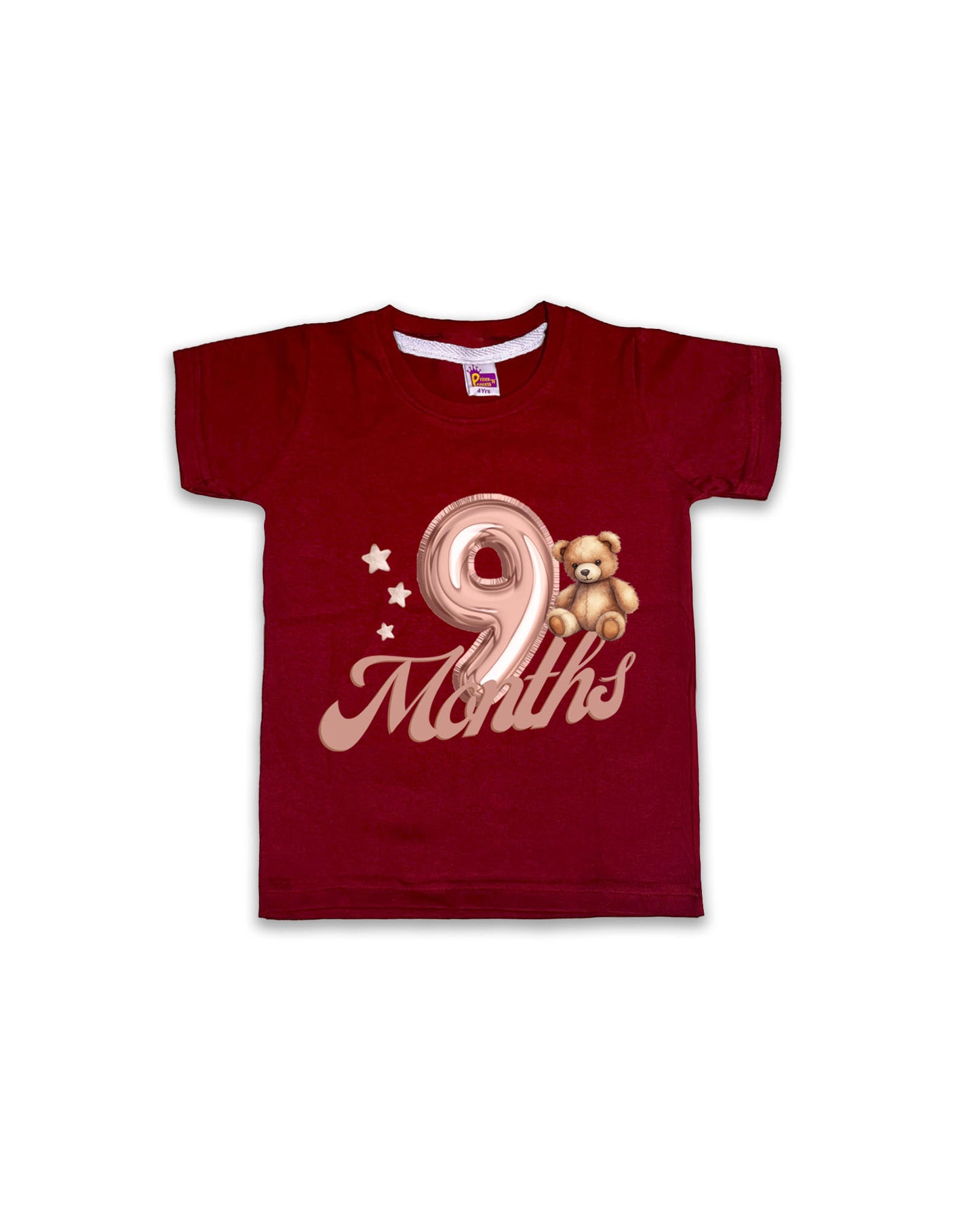 Newborn Half-Sleeve Maroon Tees - 9 Months Milestone Tees with Balloon Number & Teddy Bear Design - Soft Cotton Baby Tees NPT0206