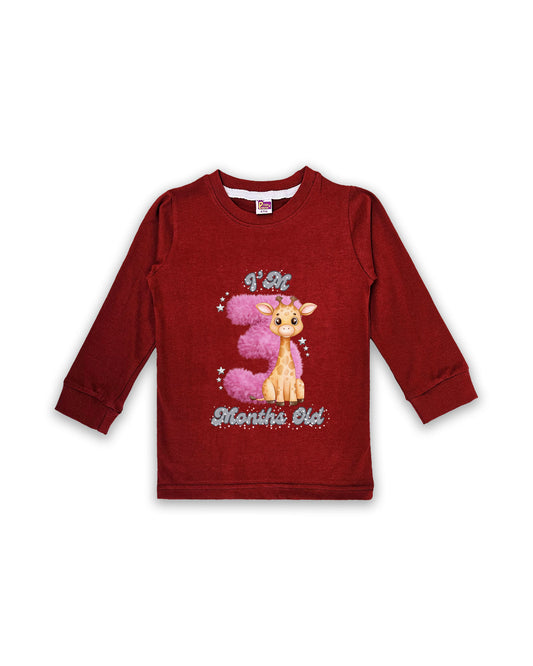 Newborn Maroon Full Sleeve "I’m 3 Months Old" Milestone Tees – Soft Cotton | Pink 3 with Giraffe Print | Milestone Outfit NPT027