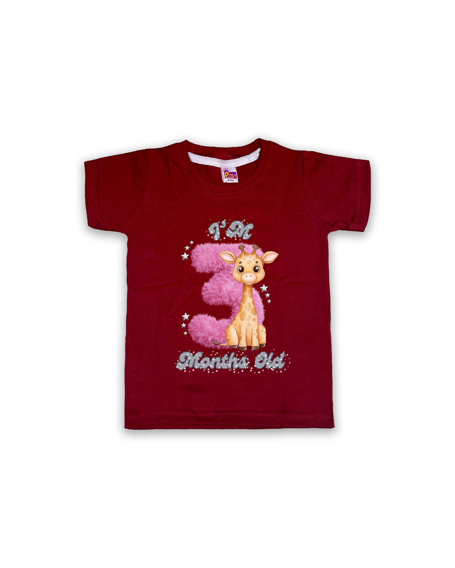 Newborn Maroon Tees "I’m 3 Months Old" – Soft Cotton | Pink 3 with Giraffe Print | Short Sleeve Milestone Outfit NPT065