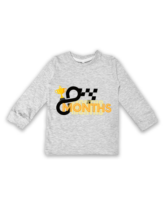 Newborn Full-Sleeve Melange Tees - 8 Months Milestone Tees with Racing Trophy & Checkered Flag Design - Soft Cotton Baby Tees NPT0261
