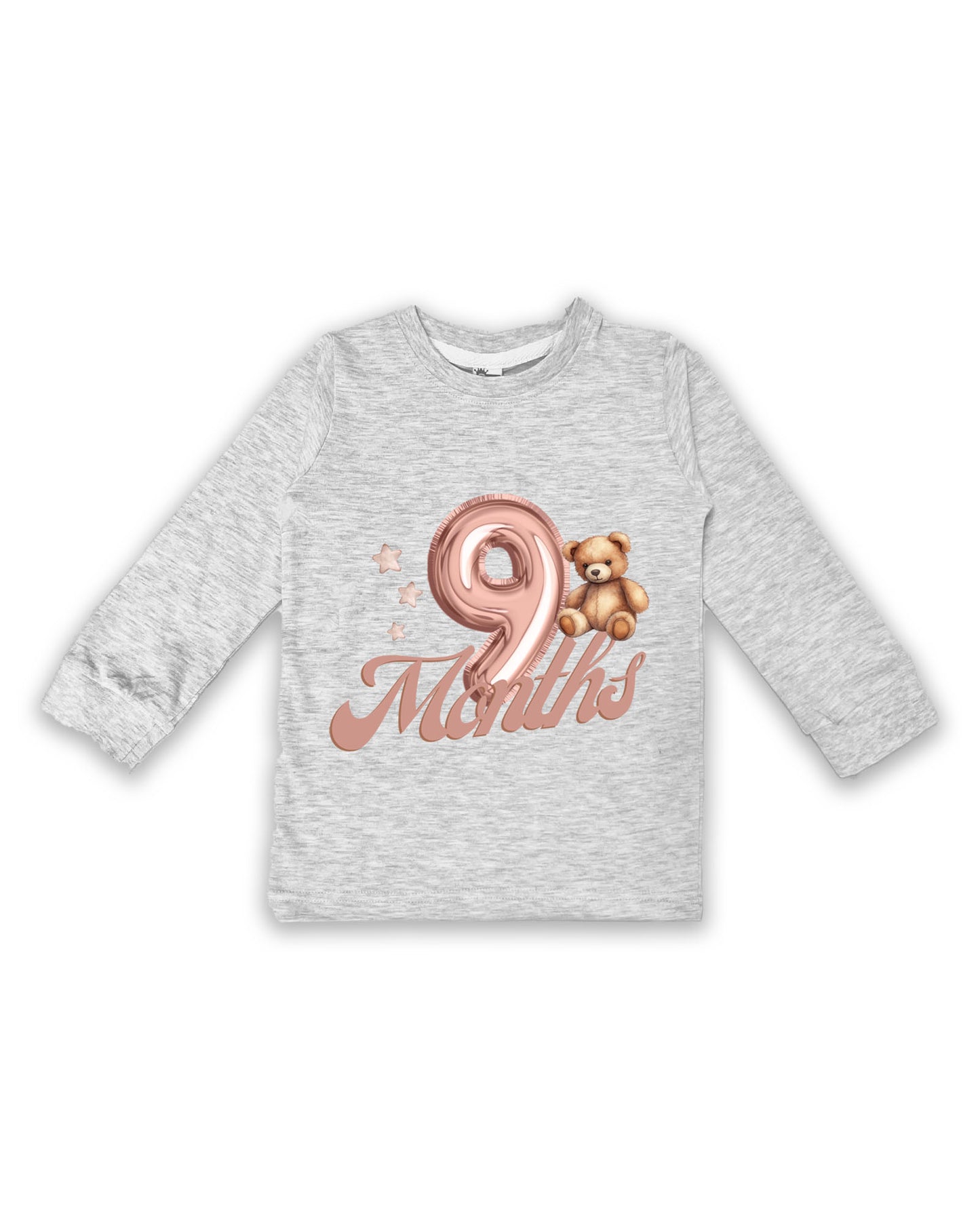 Newborn Full-Sleeve Melange Tees - 9 Months Milestone Tees with Balloon Number & Teddy Bear Design - Soft Cotton Baby Tees NPT0271