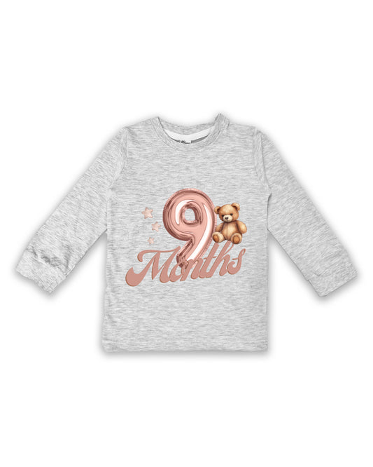 Newborn Full-Sleeve Melange Tees - 9 Months Milestone Tees with Balloon Number & Teddy Bear Design - Soft Cotton Baby Tees NPT0271