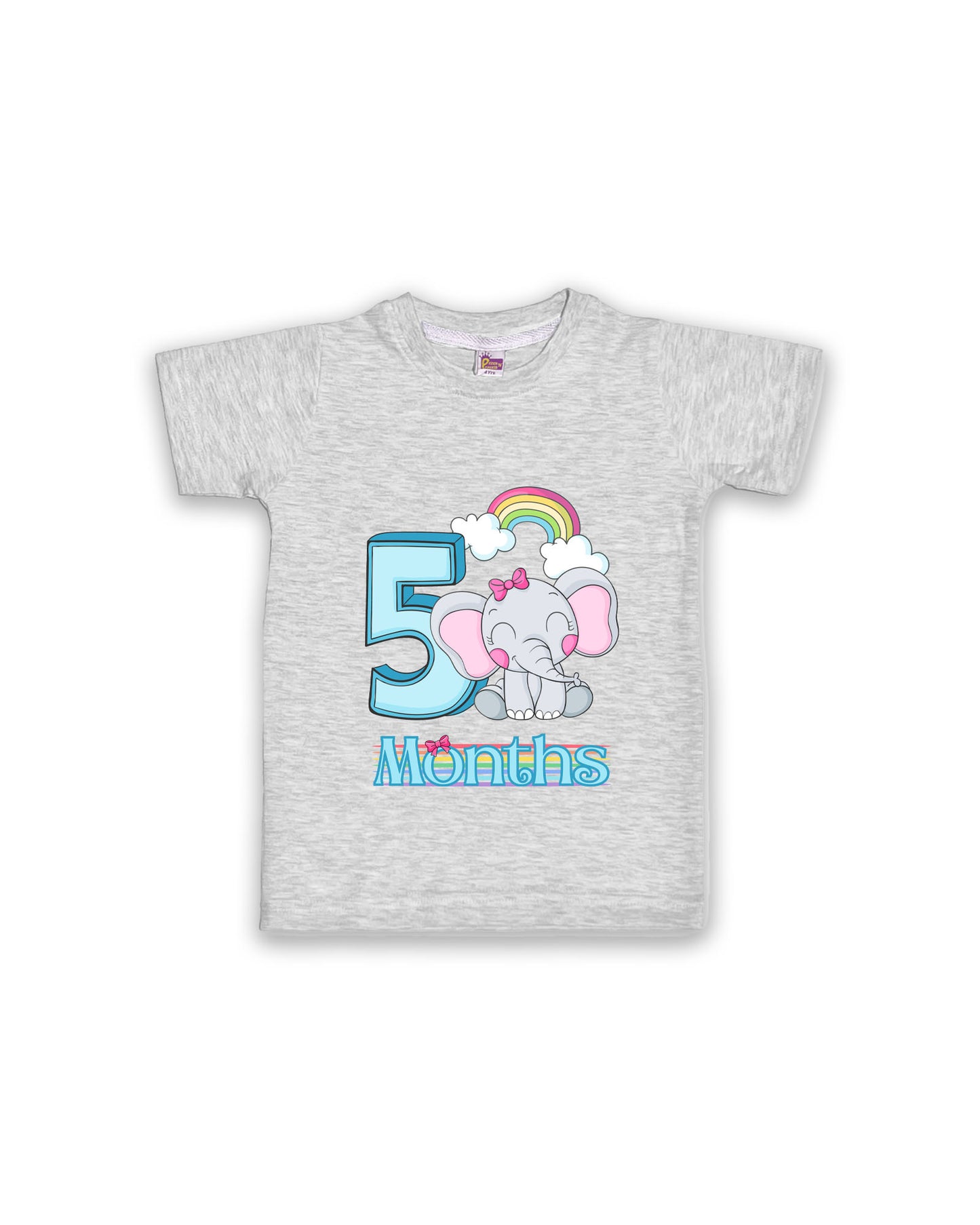 Newborn Half-Sleeve Melange Tees - 5 Months Milestone Tees with Adorable Elephant & Rainbow Design - Soft Cotton Baby tees NPT0167