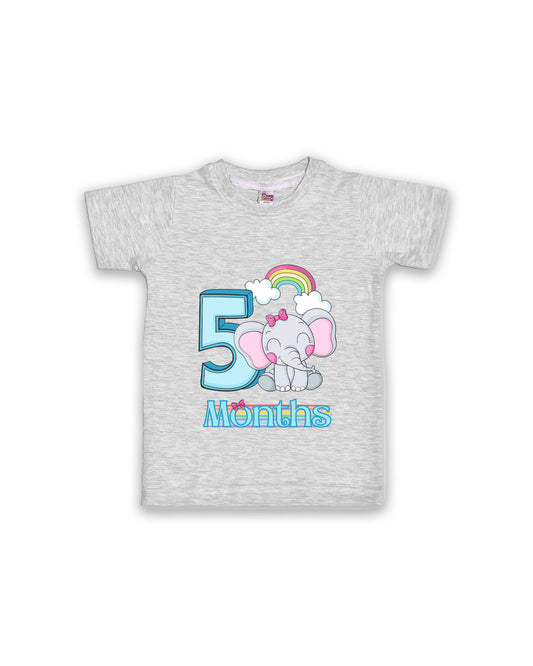 Newborn Half-Sleeve Melange Tees - 5 Months Milestone Tees with Adorable Elephant & Rainbow Design - Soft Cotton Baby tees NPT0167