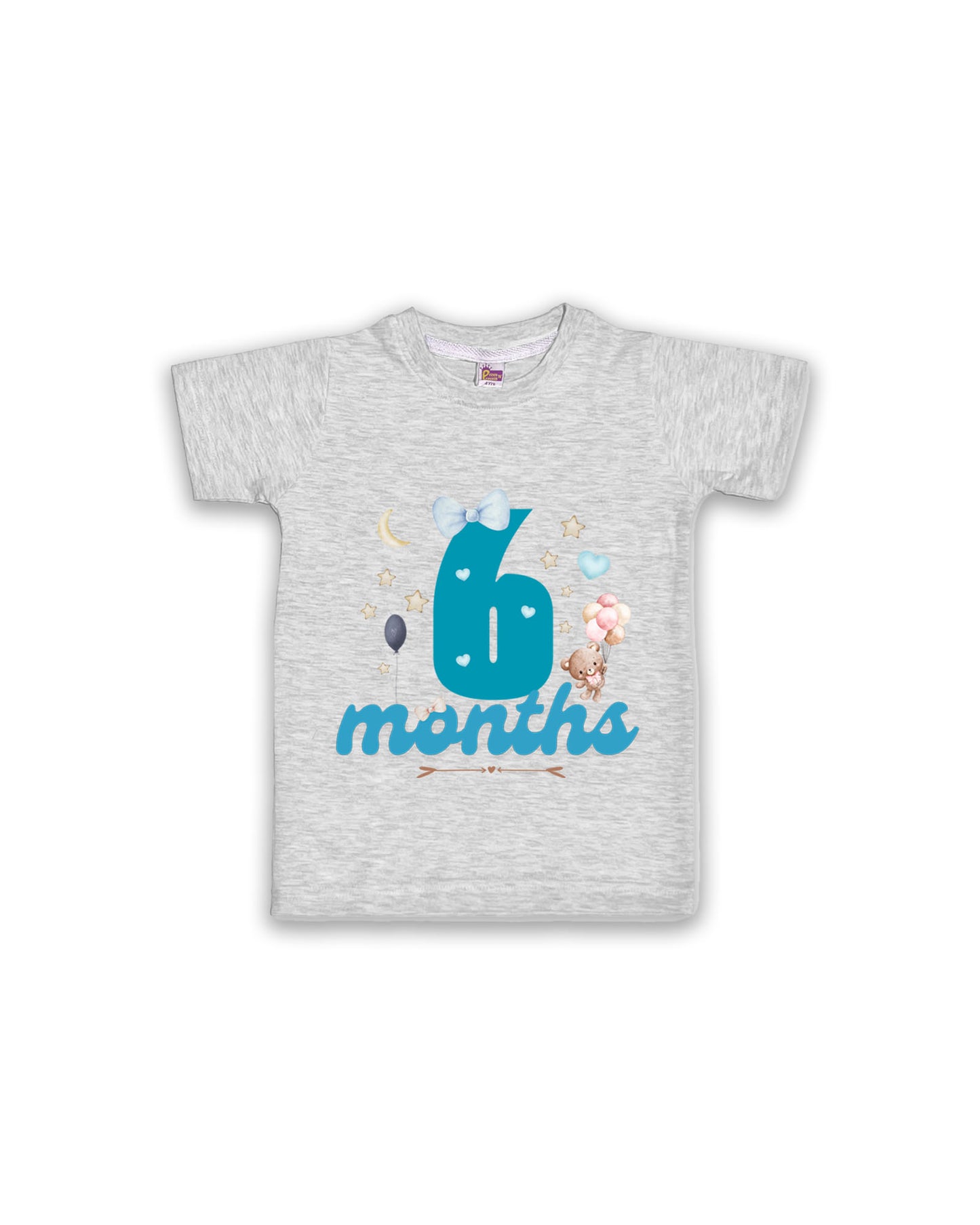 Newborn Half-Sleeve Melange Tees - 6 Months Milestone Tees with Teddy Bear & Balloon Design - Soft Cotton Baby Tees NPT0176