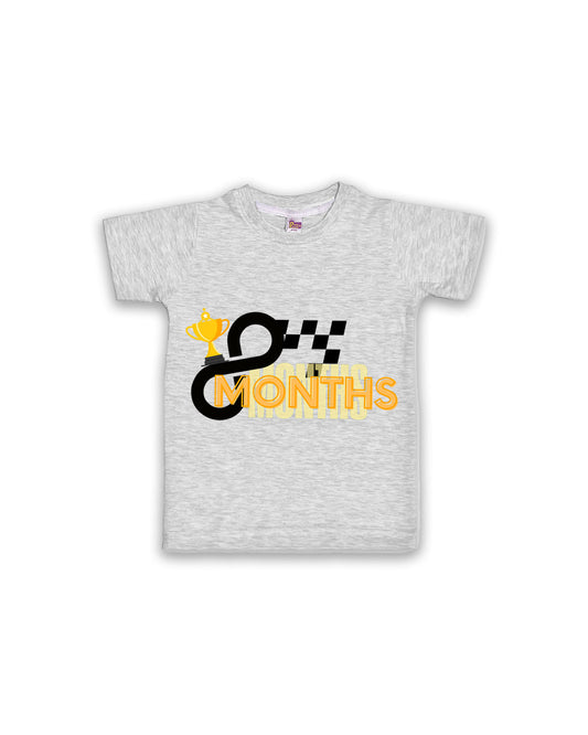 Newborn Half-Sleeve Melange Tees - 8 Months Milestone Tees with Racing Trophy & Checkered Flag Design - Soft Cotton Baby Tees NPT0197