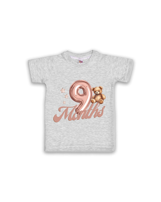 Newborn Half-Sleeve Melange Tees - 9 Months Milestone Tees with Balloon Number & Teddy Bear Design - Soft Cotton Baby Tees NPT0207