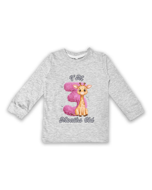 Newborn Melange Full Sleeve "I’m 3 Months Old" Milestone Tees – Soft Cotton | Pink 3 with Giraffe Print | Milestone Outfit NPT028