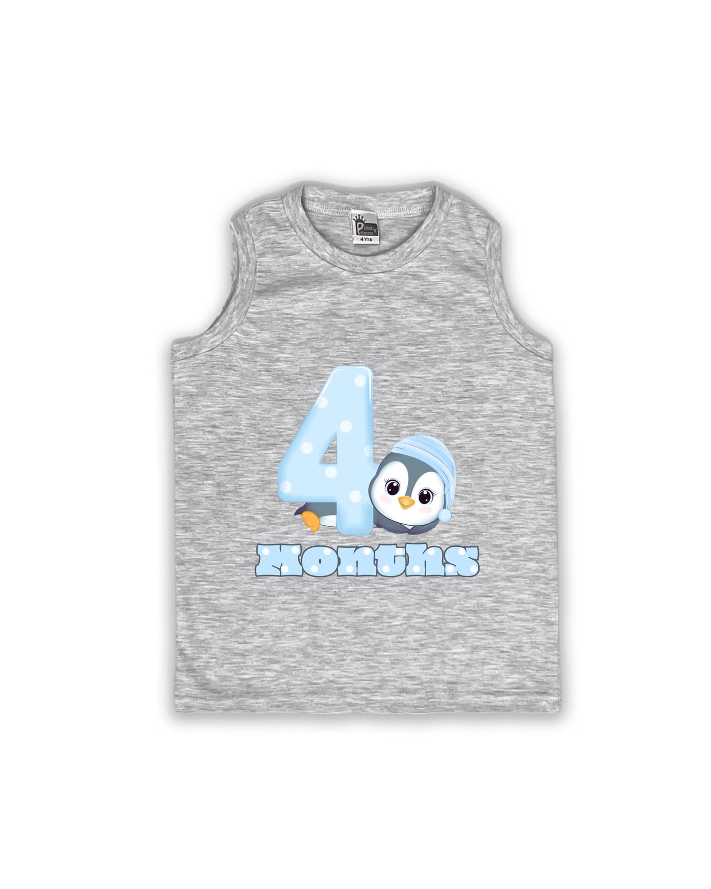 Newborn Sleeveless Melange Vest - 4 Months Milestone Tee with Cute Penguin Design - Soft Cotton Baby Vest NPT113