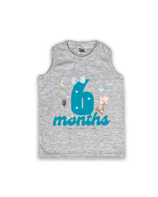 Newborn Sleeveless Melange Vest - 6 Months Milestone Vest with Cute Teddy Bear & Balloons Design - Soft Cotton Baby Vest NPT126