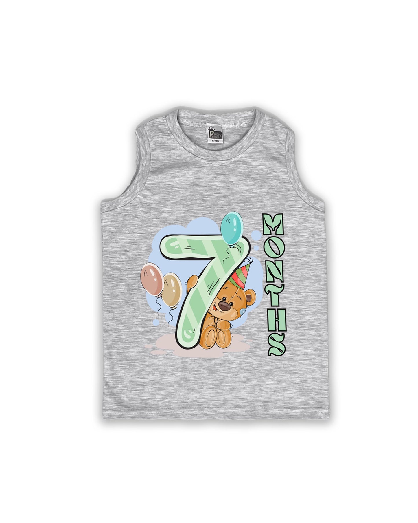 Newborn Sleeveless Melange vest - 7 Months Milestone Vest with Cute Party Bear & Balloons Design - Soft Cotton Baby Vest NPT133