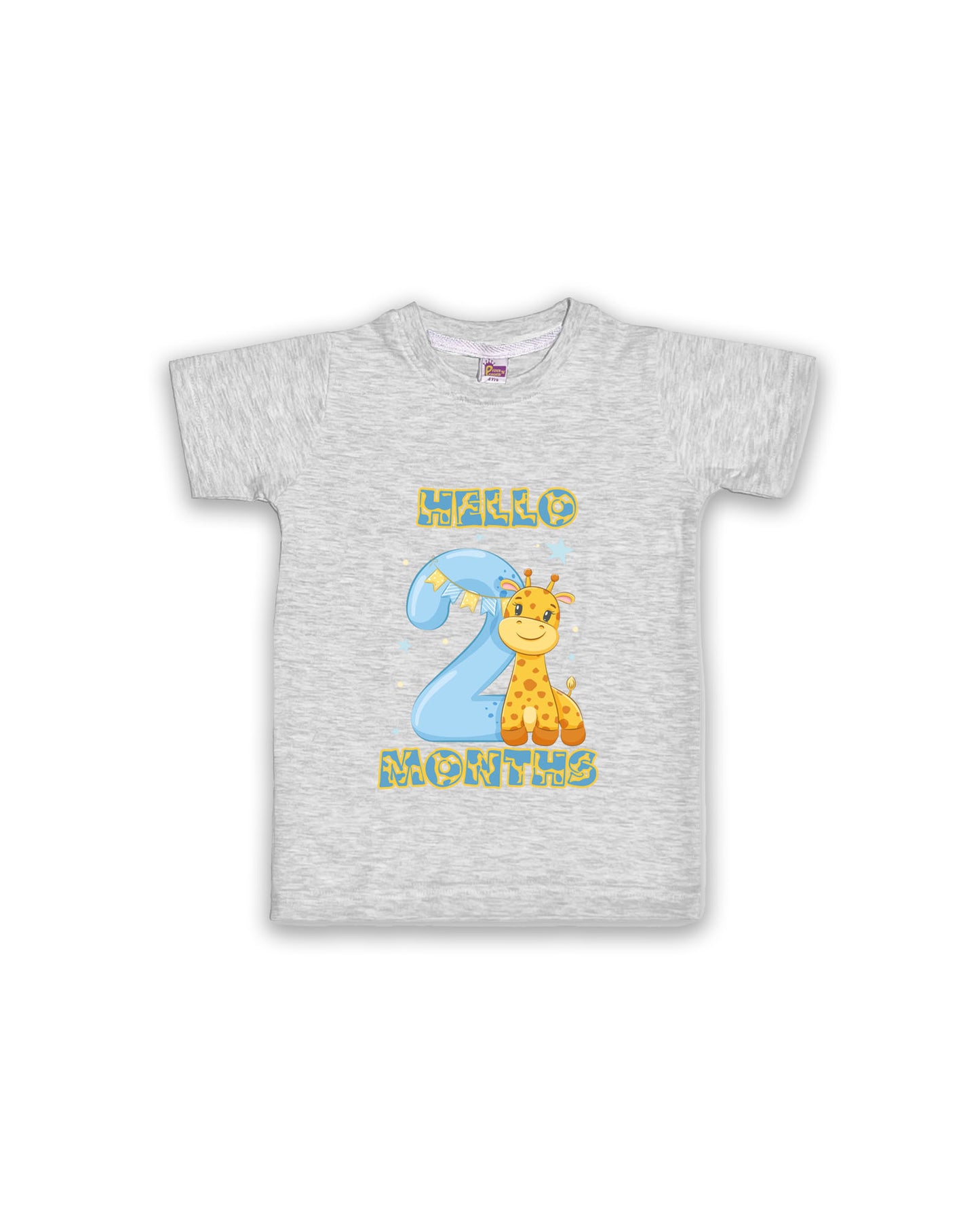 Newborn Melange Tees "Hello 2 Months" – Soft Cotton | Giraffe & Stars Milestone Outfit | Short Sleeve Baby Tees NPT054