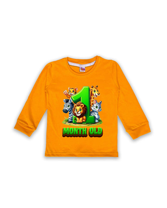 Newborn Mustard Full Sleeve "1 Month Old" Birthday Tees – Soft Cotton | Jungle Animal Print | Milestone Outfit NPT004