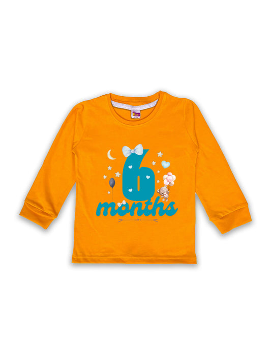 Newborn Full-Sleeve Mustard Tees - 6 Months Milestone Tees with Teddy Bear & Balloon Design - Soft Cotton Baby NPT0241