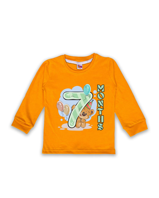 Newborn Full-Sleeve Mustard Tees - 7 Months Milestone Tees with Party Bear & Balloons Design - Soft Cotton Baby Tees NPT0252