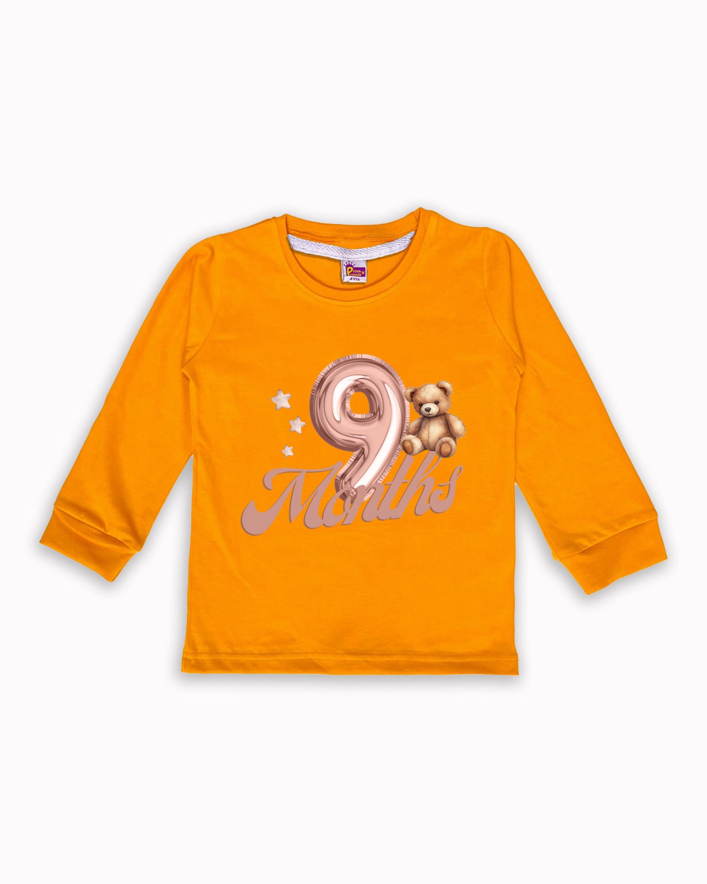 Newborn Full-Sleeve Mustard Tees - 9 Months Milestone Tees with Balloon Number & Teddy Bear Design - Soft Cotton Baby Tees NPT0272