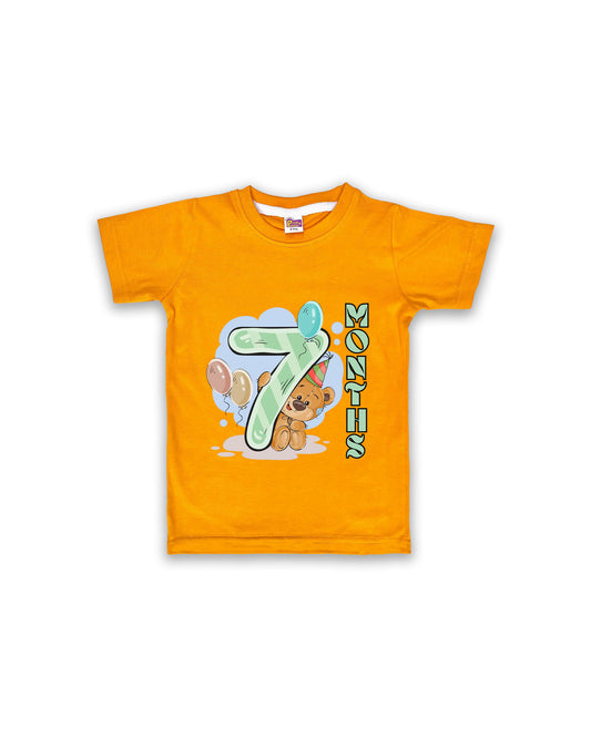 Newborn Half-Sleeve Mustard Tees - 7 Months Milestone Tees with Party Bear & Balloons Design - Soft Cotton Baby Tees NPT0188