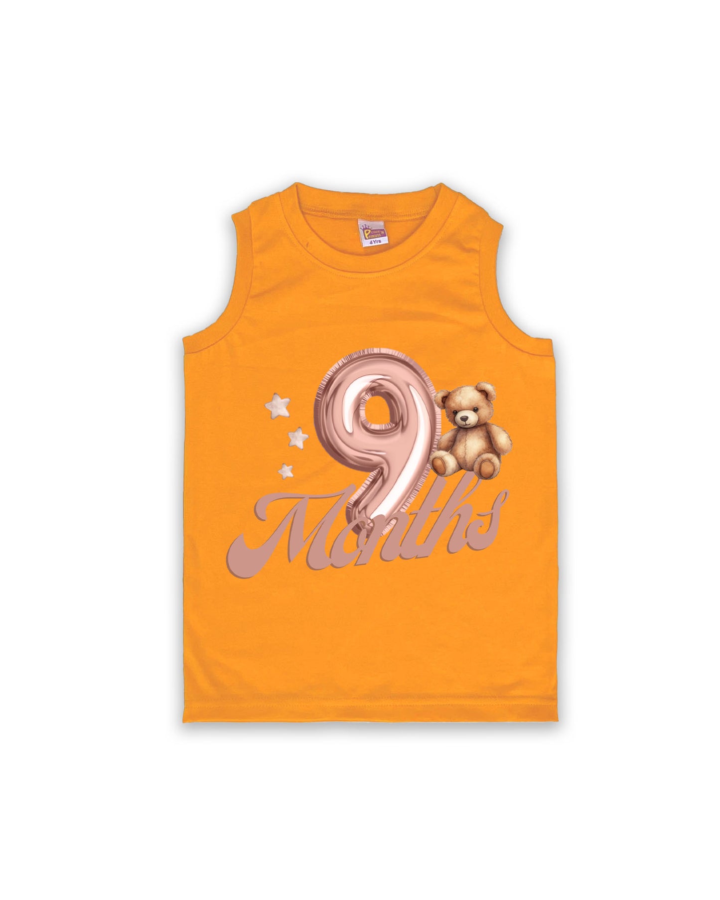 Newborn Sleeveless Mustard vest - 9 Months Milestone vest with Teddy Bear & Balloon Number Design - Soft Cotton Baby Vest NPT147