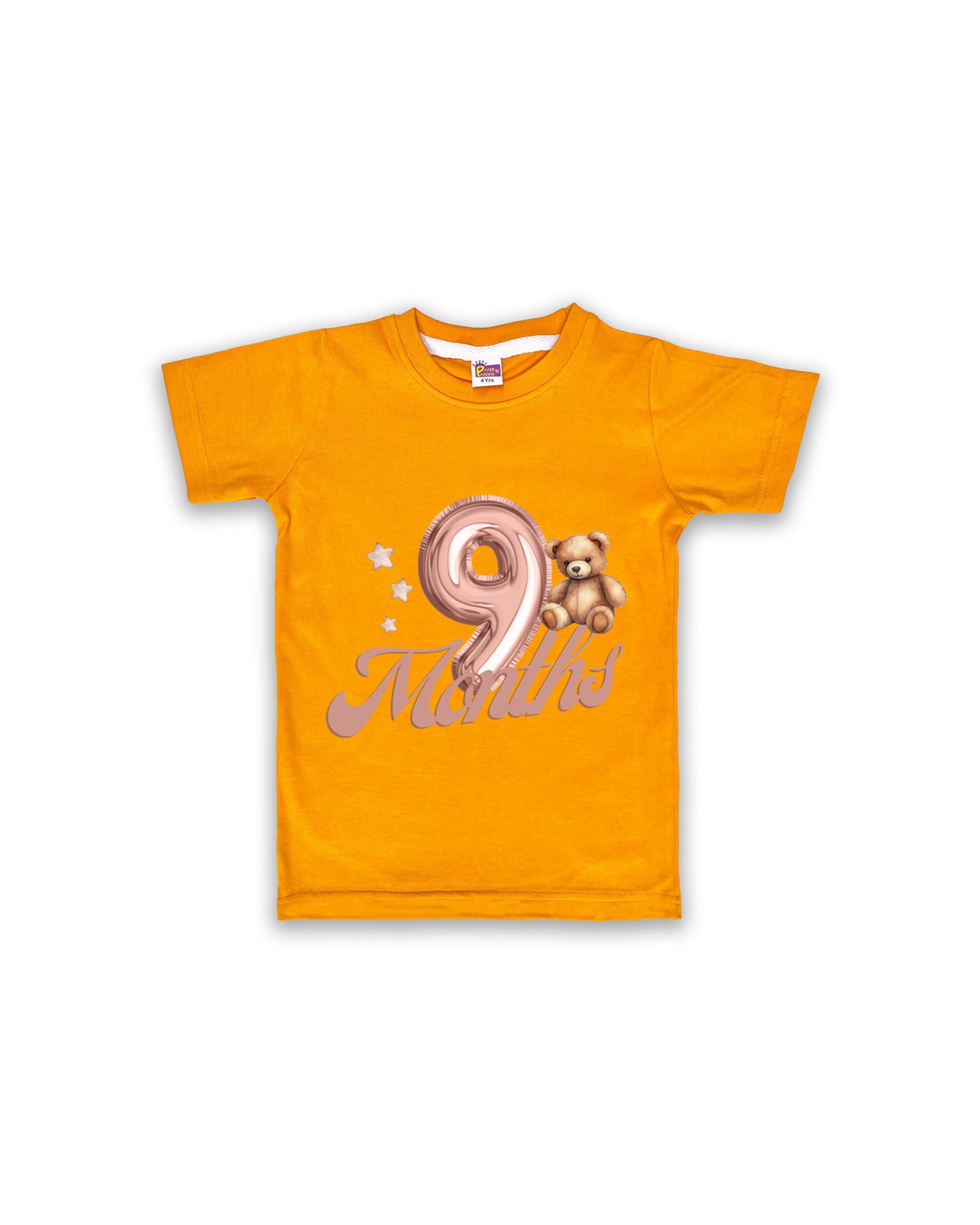 Newborn Half-Sleeve Mustard Tees - 9 Months Milestone Tees with Balloon Number & Teddy Bear Design - Soft Cotton Baby Tees NPT0208
