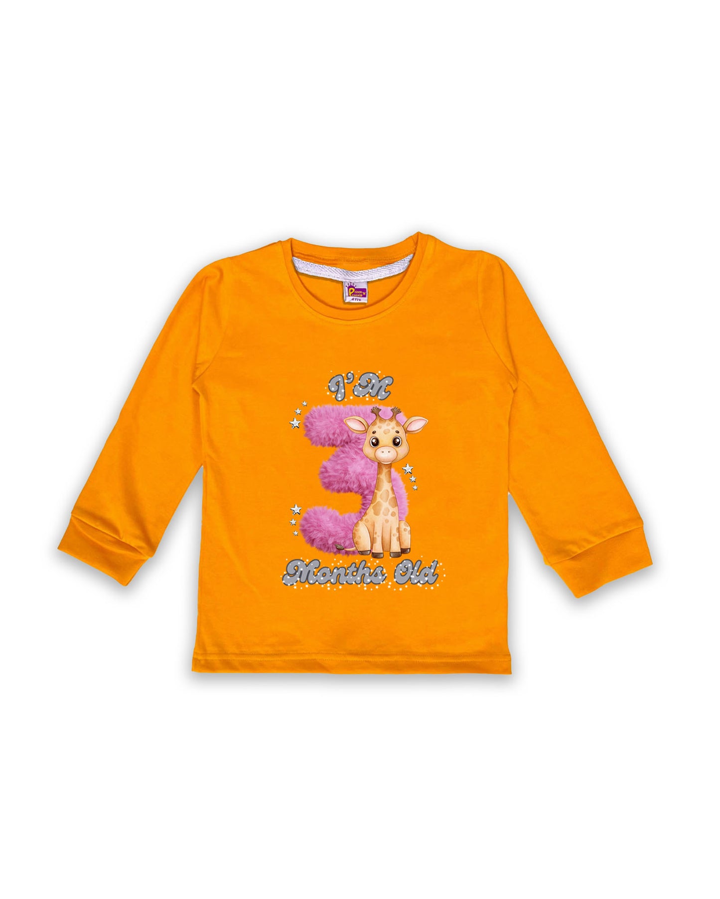 Newborn Mustard Full Sleeve "I’m 3 Months Old" Milestone Tees – Soft Cotton | Pink 3 with Giraffe Print | Milestone Outfit NPT029
