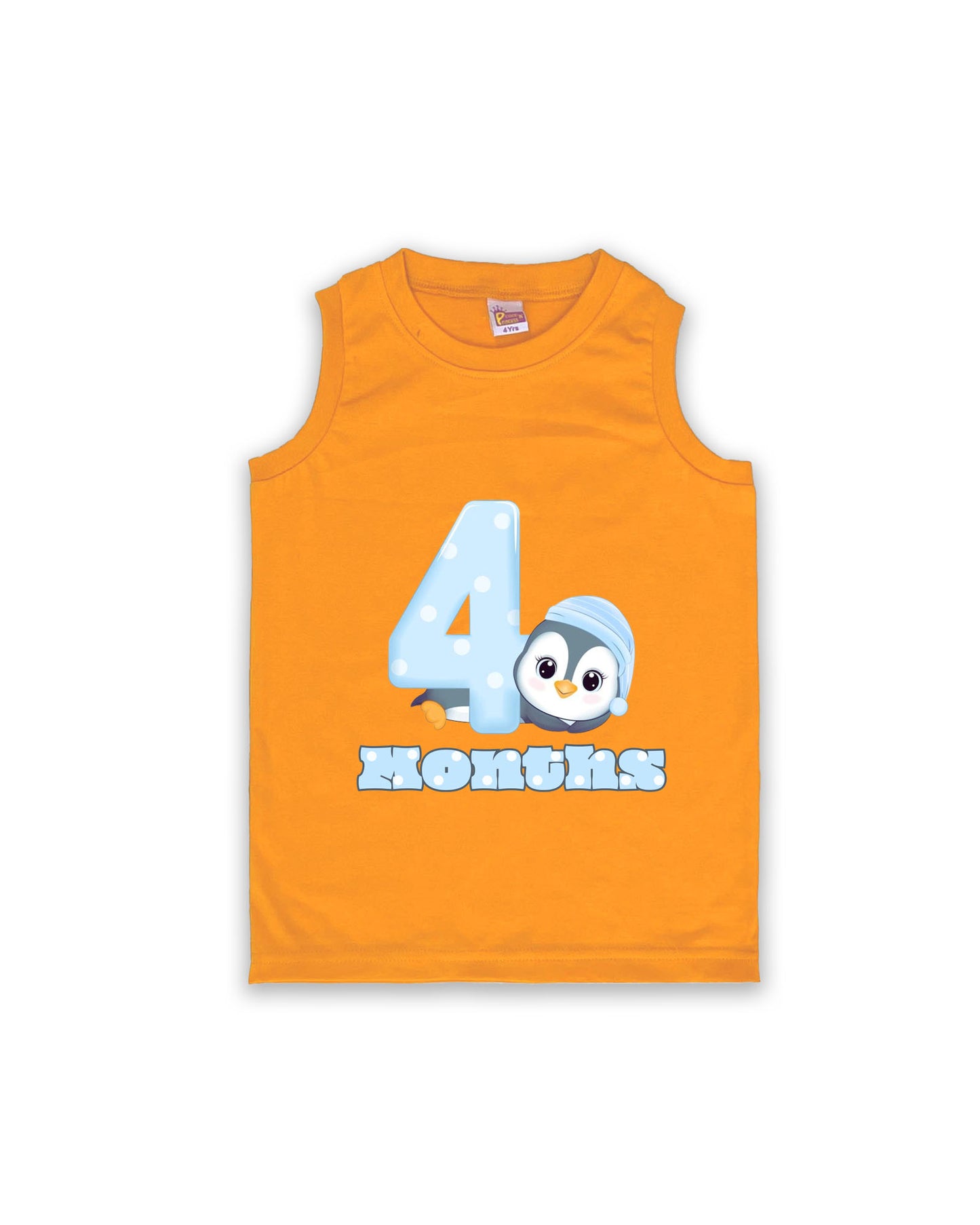 Newborn Sleeveless Mustard Vest - 4 Months Milestone Tee with Cute Penguin Design - Soft Cotton Baby Vest NPT114