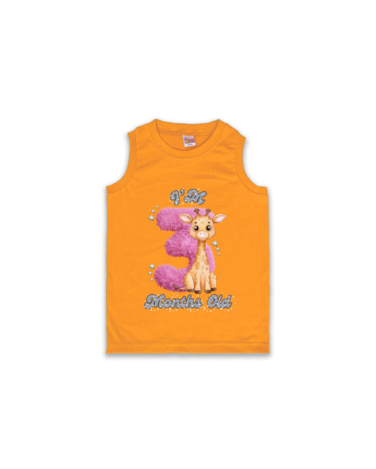 Newborn Mustard Sleeveless Vest "I’m 3 Months Old" – Soft Cotton | Pink 3 with Giraffe Milestone Vest for Baby Girls| NPT094