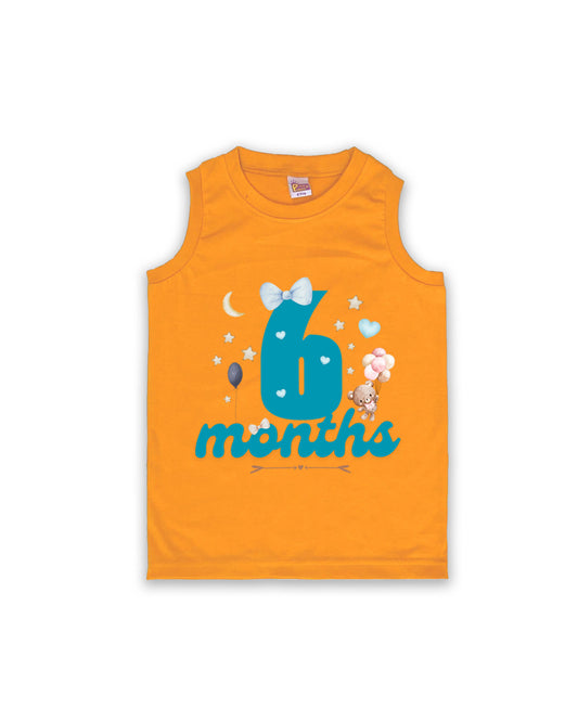 Newborn Sleeveless Mustard Vest - 6 Months Milestone Vest with Cute Teddy Bear & Balloons Design - Soft Cotton Baby Vest NPT127